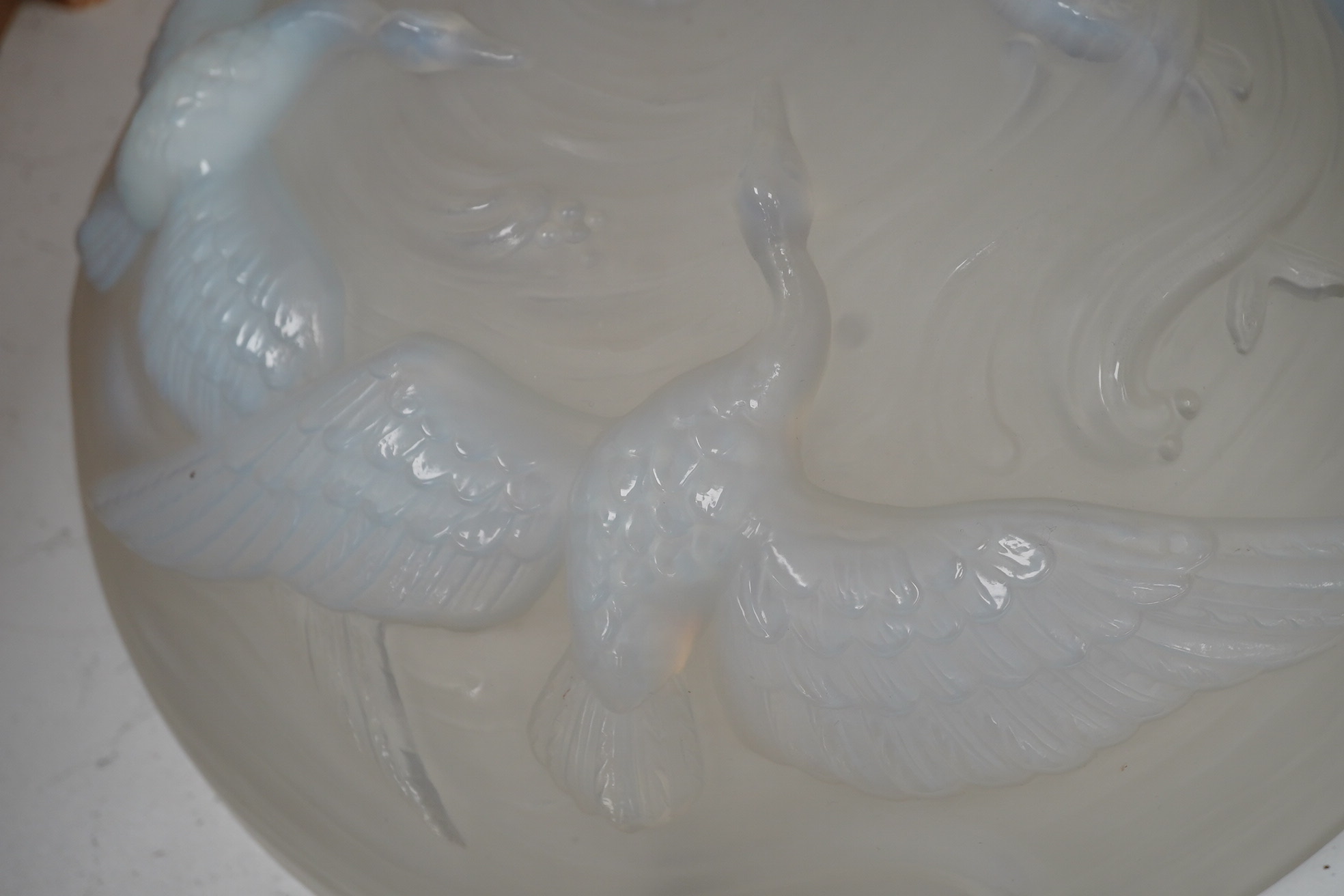 A Lalique style glass plaffonier, decorated with birds and fish, 39cm diameter. Condition - good